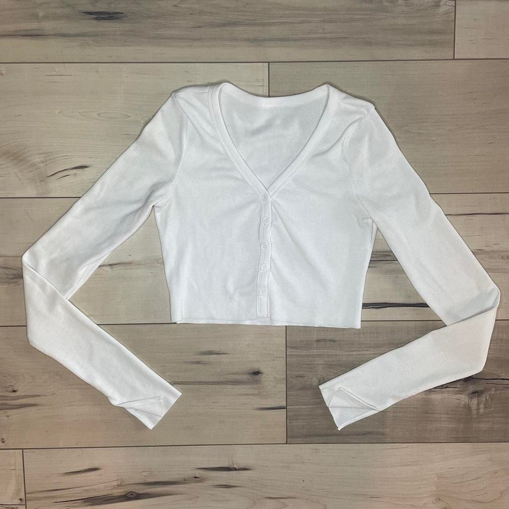 White Cropped Long Sleeve Button Down Top size XS